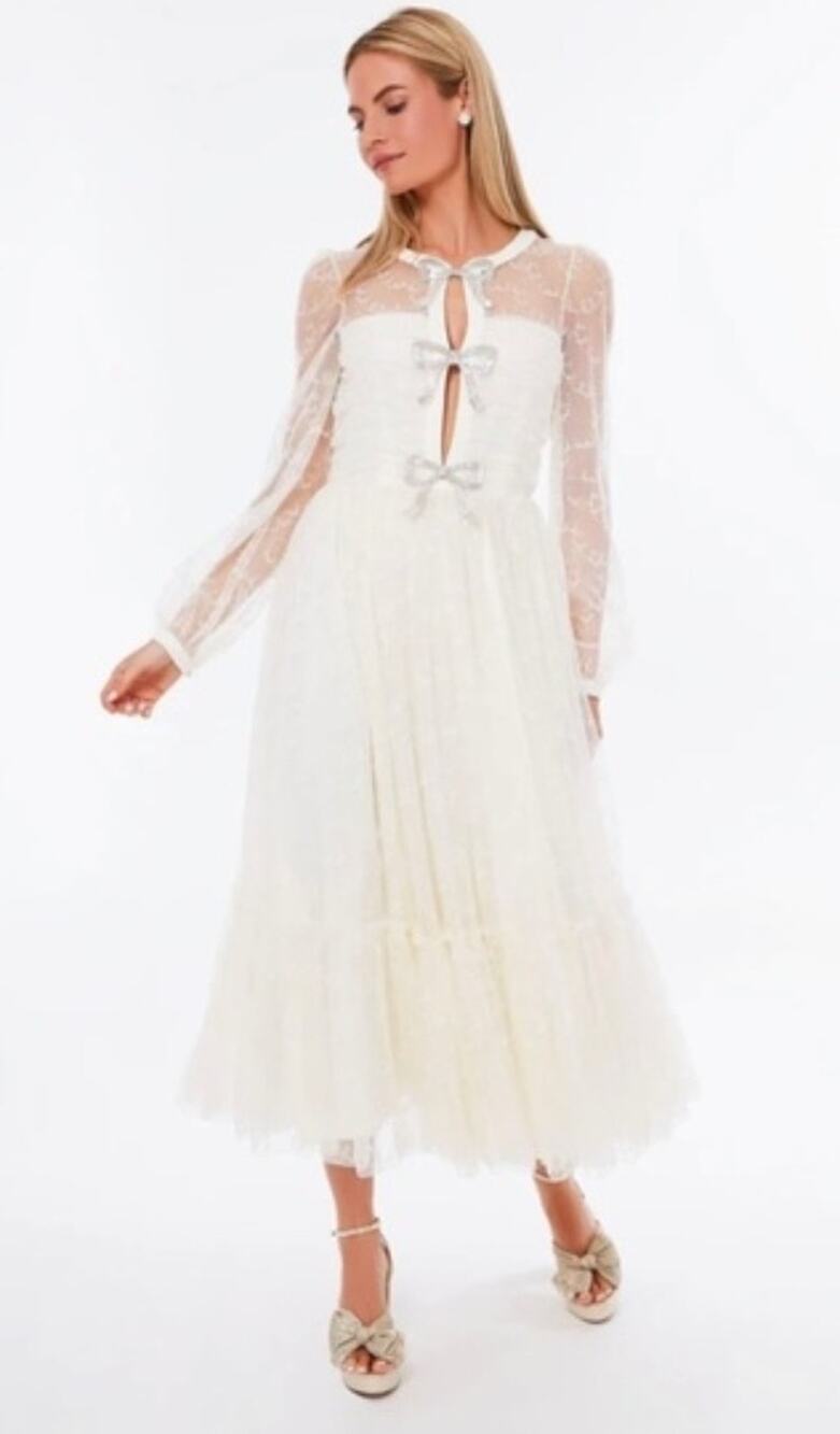 Saloni Camille Tulle Bugle Bows Tiered Ruched Midi Dress in Tusk Ivory 4 Bridal